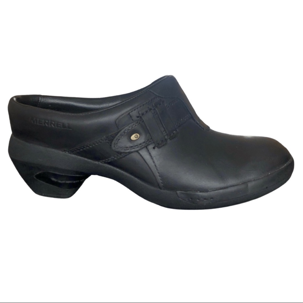 MERRELL Luxe Plunge Slip On Leather Clogs Black size 8.5 small heel